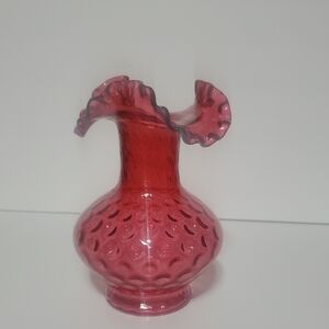 Vtg Fenton Cranberry Glass Ruffled Rim Coin Dot Vase